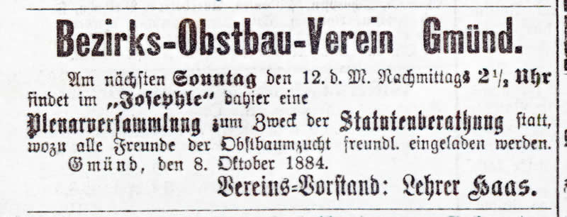 Anzeige zur Gründungsversammlung 1884